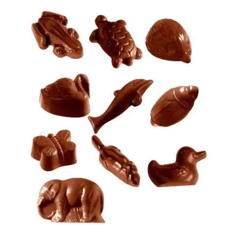 Chocolate World CW1541 Polycarbonate Assorted Animals Chocolate Mold - 1x20 Cavity - 10 Figures - 7.5 gr - 275x135x24mm Theme... Chocolate World CW1541 Polycarbonate Assorted Animals Chocolate Mold - 1x20 Cavity - 10 Figures - 7.5 gr - 275x135x24mm Theme...