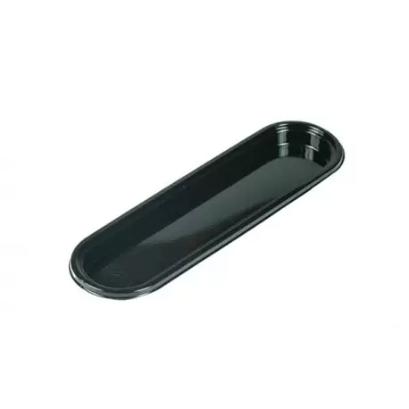 Black Plastic Eclair Individual Oval Tray - 14 x 3.5 cm - Pack of 100 pcs Black Plastic Eclair Individual Oval Tray - 14 x 3.5 cm - Pack of 100 pcs