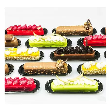 Black Plastic Eclair Individual Oval Tray - 14 x 3.5 cm - Pack of 100 pcs Black Plastic Eclair Individual Oval Tray - 14 x 3.5 cm - Pack of 100 pcs