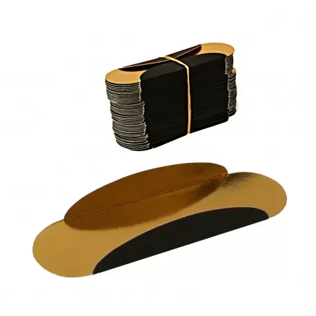 Ovale for Eclair Individual Monoportion Folded Boards - Gold Inside Black Outside - 13 x 4 cm - 250 pcs Ovale for Eclair Individual Monoportion Folded Boards - Gold Inside Black Outside - 13 x 4 cm - 250 pcs