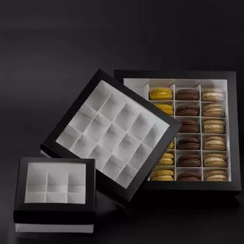 Deluxe Window Box for Macarons - 6 Macarons - 120x120x50mm - Black Top White Base - Pack of 48