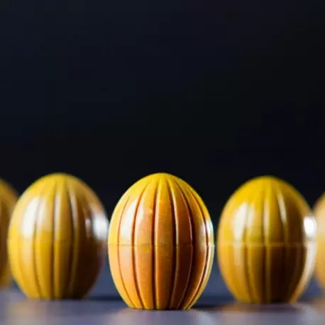 Polycarbonate Coconut / Stiped Sphere Chocolate Mold - 23 x 23 x 29 mm - 10.5gr - 3x8 Cavity - 275x135x24mm Polycarbonate Coconut / Stiped Sphere Chocolate Mold - 23 x 23 x 29 mm - 10.5gr - 3x8 Cavity - 275x135x24mm