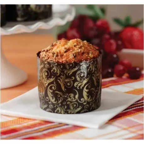 Novacart P70F2000 Paper Muffin / Cupcake Pannetone High Style 2 3/4''x2'' - 2000 pcs - Florentine Gold and Brown Design Frees... Novacart P70F2000 Paper Muffin / Cupcake Pannetone High Style 2 3/4''x2'' - 2000 pcs - Florentine Gold and Brown Design Frees...
