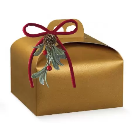 Deluxe Gold Leather Panettone Carboard Box with handle - 24.5 x 24.5 x 13 cm - 25 pcs -