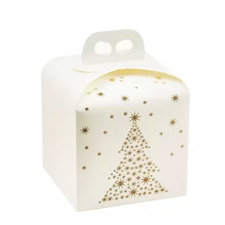 Deluxe White and Gold Holiday Tree Panettone Carboard Box with handle - 20 x 20 x 18 cm - 25 pcs - Deluxe White and Gold Holiday Tree Panettone Carboard Box with handle - 20 x 20 x 18 cm - 25 pcs -