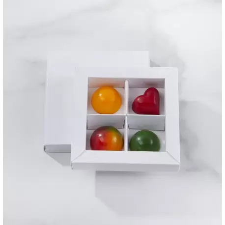 Matte White Closed Frame Chocolate Candy Boxes with Cardboard Divider - Holds 4 Chocolates - Pack of 48 Matte White Closed Frame Chocolate Candy Boxes with Cardboard Divider - Holds 4 Chocolates - Pack of 48