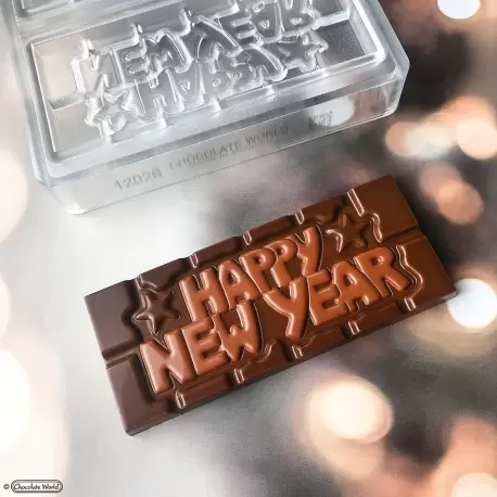 Polycarbonate Happy New Year Tablet Chocolate Bar - 118 x 50 x 8 mm - 45gr - 1x4 Cavity - 275x135x24mm - Chocolate World