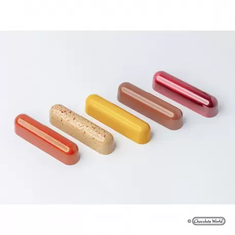 Polycarbonate Éclair Snack Bar Chocolate Mold by Carole Bertuccio - 78.5 x 19 x 20 mm - 29gr - 4x3 Cavity - 275x135x24mm Polycarbonate Éclair Snack Bar Chocolate Mold by Carole Bertuccio - 78.5 x 19 x 20 mm - 29gr - 4x3 Cavity - 275x135x24mm