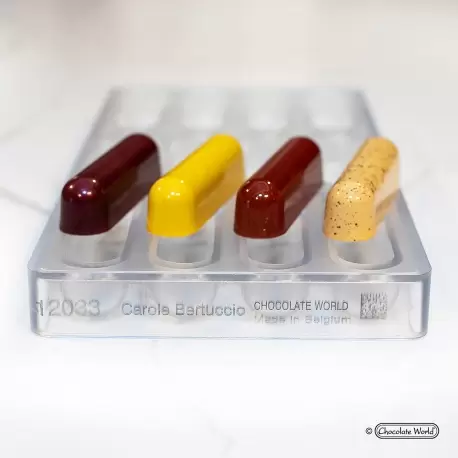 Polycarbonate Éclair Snack Bar Chocolate Mold by Carole Bertuccio - 78.5 x 19 x 20 mm - 29gr - 4x3 Cavity - 275x135x24mm Polycarbonate Éclair Snack Bar Chocolate Mold by Carole Bertuccio - 78.5 x 19 x 20 mm - 29gr - 4x3 Cavity - 275x135x24mm