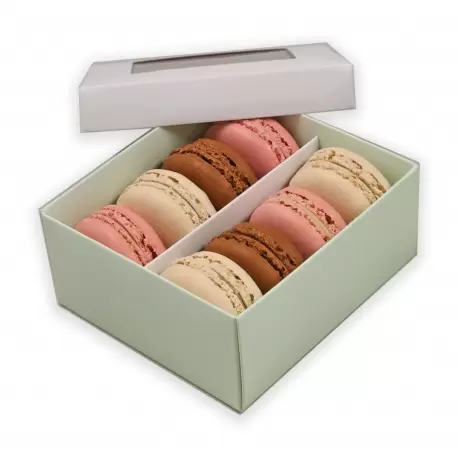 Deluxe Window Box for Macarons - 8 Macarons - White Top Green Base - Pack of 48 Boxes