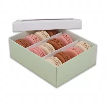 Deluxe Window Box for Macarons - 12 Macarons - White Top Green Base - Pack of 36 Boxes