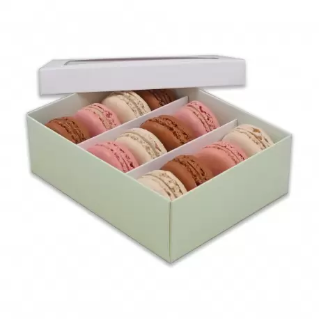 Deluxe Window Box for Macarons - 12 Macarons - White Top Green Base - Pack of 36 Boxes