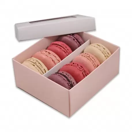 Deluxe Window Box for Macarons - 8 Macarons - White Top Pink Base - Pack of 48 Boxes Deluxe Window Box for Macarons - 8 Macarons - White Top Pink Base - Pack of 48 Boxes