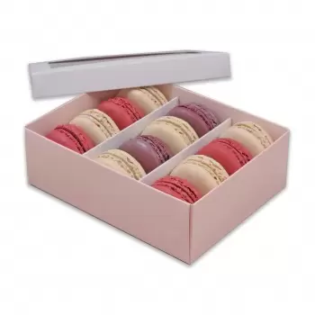Deluxe Window Box for Macarons - 12 Macarons - White Top Pink Base - Pack of 36 Boxes