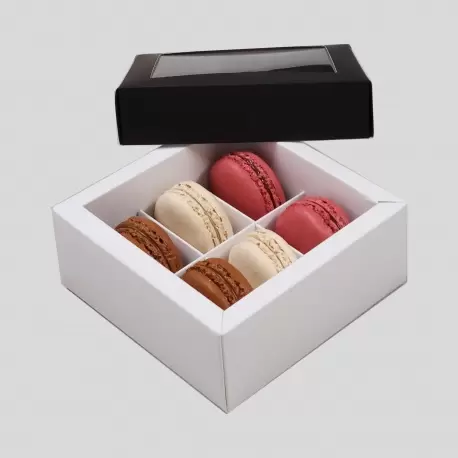 Deluxe Window Box for Macarons - 6 Macarons - 120x120x50mm - Black Top White Base - Pack of 48 Deluxe Window Box for Macarons - 6 Macarons - 120x120x50mm - Black Top White Base - Pack of 48