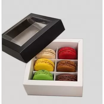 Deluxe Window Box for Macarons - 6 Macarons - 120x120x50mm - Black Top White Base - Pack of 48