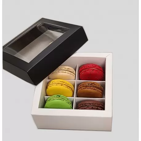 Deluxe Window Box for Macarons - 6 Macarons - 120x120x50mm - Black Top White Base - Pack of 48 Deluxe Window Box for Macarons - 6 Macarons - 120x120x50mm - Black Top White Base - Pack of 48