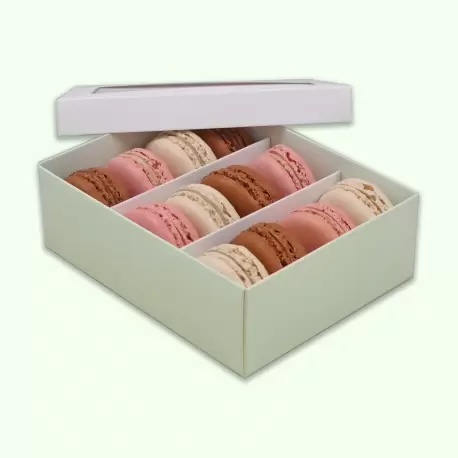 Deluxe Window Box for Macarons - 12 Macarons - White Top Green Base - Pack of 36 Boxes