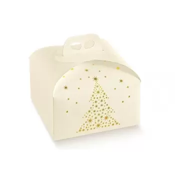 Deluxe White and Gold Holiday Tree Panettone Carboard Box with handle - 24.5 x 24.5 x 13 cm - 25 pcs -