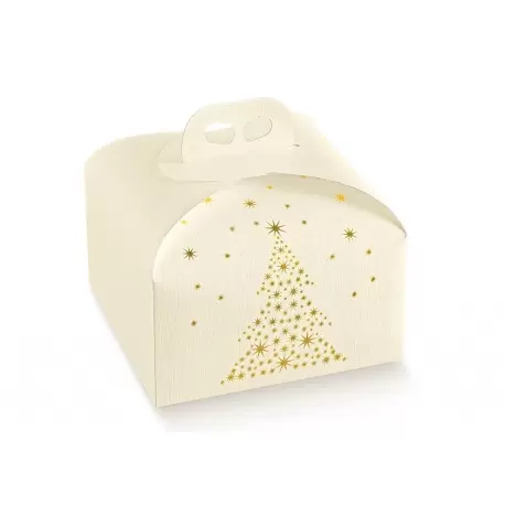 Deluxe White and Gold Holiday Tree Panettone Carboard Box with handle - 24.5 x 24.5 x 13 cm - 25 pcs -