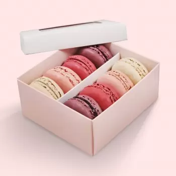 Deluxe Window Box for Macarons - 8 Macarons - White Top Pink Base - Pack of 48 Boxes