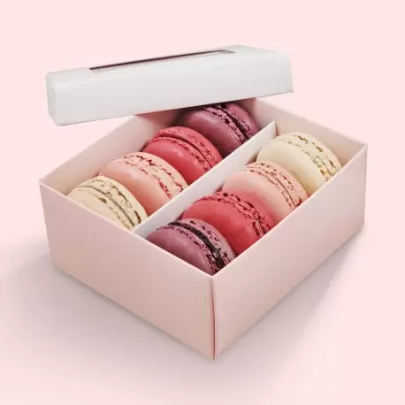 Deluxe Window Box for Macarons - 8 Macarons - White Top Pink Base - Pack of 48 Boxes Deluxe Window Box for Macarons - 8 Macarons - White Top Pink Base - Pack of 48 Boxes