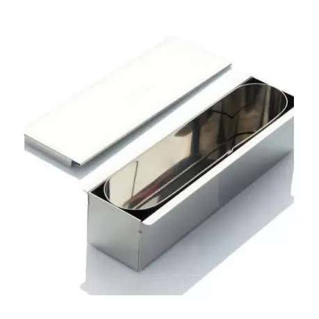 Professional Stainless Steel Rectangle & Oval Travel Cake Mold by Frank Haasnoot - Full Mold 255 mm x 84 mm H x 62 mm Professional Stainless Steel Rectangle & Oval Travel Cake Mold by Frank Haasnoot - Full Mold 255 mm x 84 mm H x 62 mm