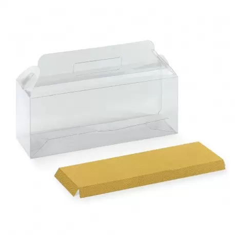 Pastry Chef's Boutique 13846 Clear Pastry Voyage Cake Box with Handle and Gold Leather Cardboard Base Insert - 270 mm x 90 mm... Pastry Chef's Boutique 13846 Clear Pastry Voyage Cake Box with Handle and Gold Leather Cardboard Base Insert - 270 mm x 90 mm...