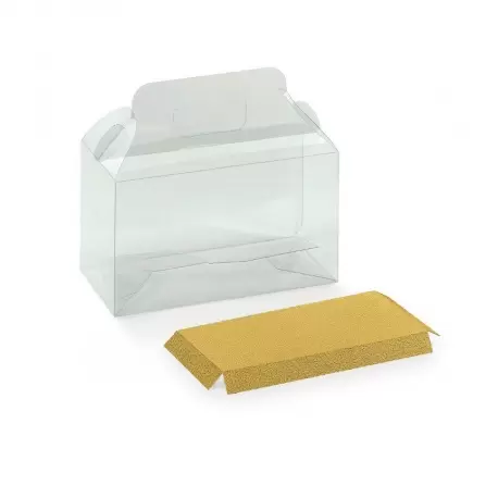 Pastry Chef's Boutique 13840 Clear Pastry Box with Handle and Gold Leather Cardboard Base Insert - 180 mm x 90 mm x 100 mm - ... Pastry Chef's Boutique 13840 Clear Pastry Box with Handle and Gold Leather Cardboard Base Insert - 180 mm x 90 mm x 100 mm - ...