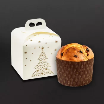 Deluxe White and Gold Holiday Tree Panettone Carboard Box with handle - 20 x 20 x 18 cm - 25 pcs -
