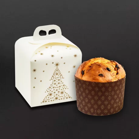 Deluxe White and Gold Holiday Tree Panettone Carboard Box with handle - 20 x 20 x 18 cm - 25 pcs - Deluxe White and Gold Holiday Tree Panettone Carboard Box with handle - 20 x 20 x 18 cm - 25 pcs -