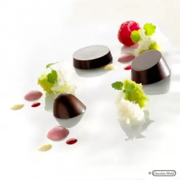 Polycarbonate Magnetic Round Base Trio Chocolate Mold by Roger Van Damme - 32mm x 32mm x 7mm - 7gr - 18 cavity