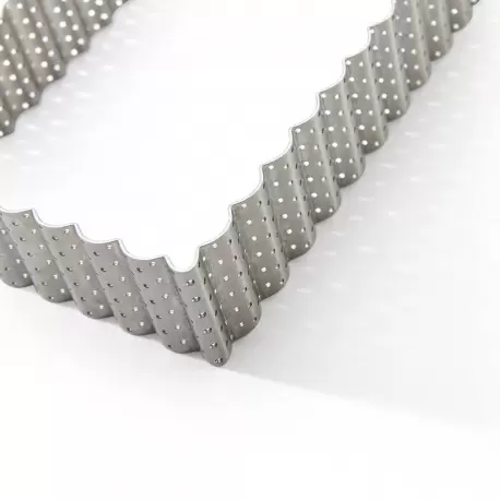 De Buyer Stainless Steel Perforated Rectangular Fluted Tart Ring - 13.8” x 4'' - 1 3/8'' High De Buyer Stainless Steel Perforated Rectangular Fluted Tart Ring - 13.8” x 4'' - 1 3/8'' High