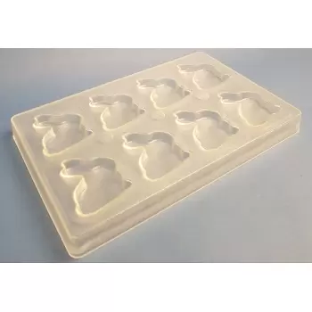 Thermoformed Polycarbonate Chocolate Tablet Mold - Flat Sitting Rabbit - 66 x 56 x 10 mm - 25 gr - 8 cavities - 275x175x24 mm