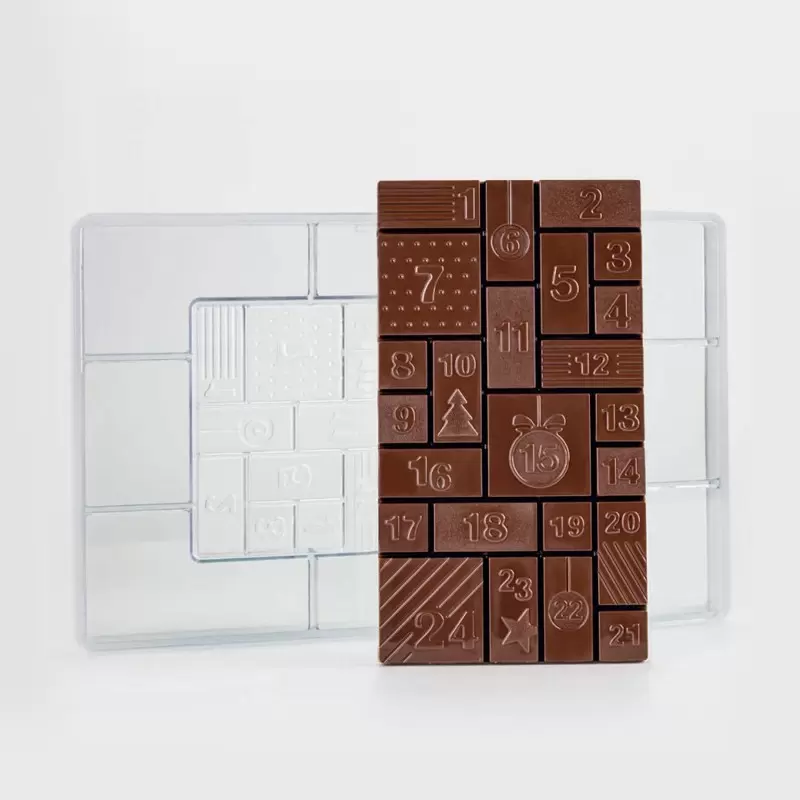 Professional Polycarbonate Christmas Countdown Advent Calendar Chocolate Bar Mold - 100mm x 180mm x h 10.5mm - 200 gr Professional Polycarbonate Christmas Countdown Advent Calendar Chocolate Bar Mold - 100mm x 180mm x h 10.5mm - 200 gr