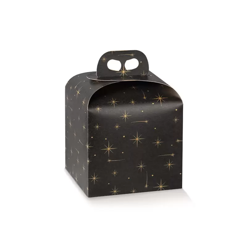 Deluxe Black and Gold Stars Panettone Carboard Box with handle - 200 mm x 200 mm x 180 mm - 25 pcs - Deluxe Black and Gold Stars Panettone Carboard Box with handle - 200 mm x 200 mm x 180 mm - 25 pcs -