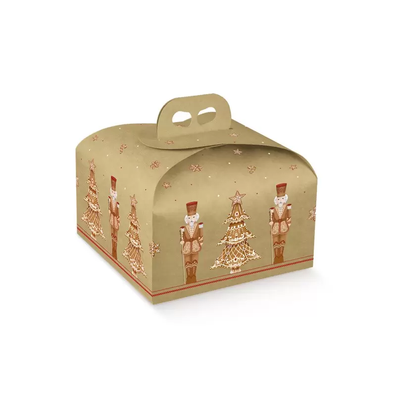 Kraft Holiday Gingerbread Nutcracker Panettone Cardboard Box with Handle - 245 mm x 245 mm x 130 mm - Pack of 25 Kraft Holiday Gingerbread Nutcracker Panettone Cardboard Box with Handle - 245 mm x 245 mm x 130 mm - Pack of 25