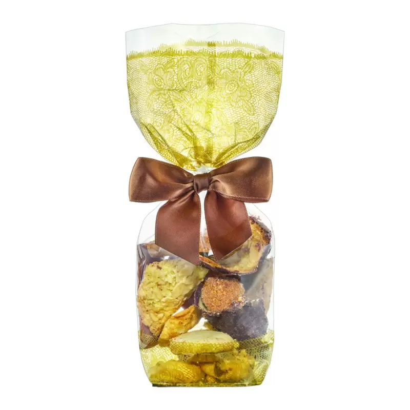 Clear Cellophane Candy and Chocolate Bags with Golden Lace Print and Cardboard Bottom - 120mm x 260mm - 100pcs Clear Cellophane Candy and Chocolate Bags with Golden Lace Print and Cardboard Bottom - 120mm x 260mm - 100pcs