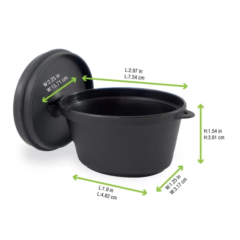 PacknWood Mini Black Casserole Dish With Lid - 2.5oz 2.75 x 2.1 x 1.5'' - 200 pcs PacknWood Mini Black Casserole Dish With Lid - 2.5oz 2.75 x 2.1 x 1.5'' - 200 pcs