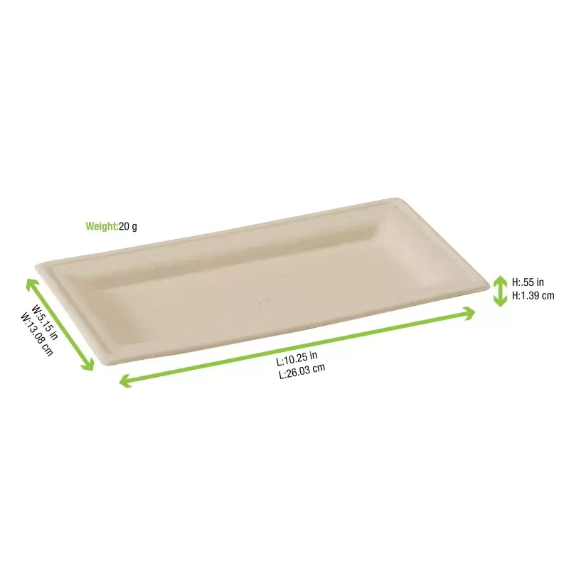PacknWood Rectangular Brown Sugarcane Plate - 10 x 5'' - 500 pcs PacknWood Rectangular Brown Sugarcane Plate - 10 x 5'' - 500 pcs