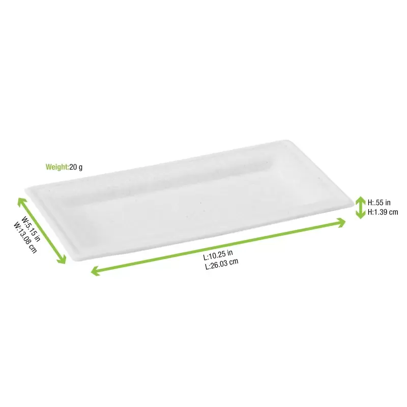 PacknWood Rectangular White Sugarcane Plate - 10 x 5'' - 500 pcs PacknWood Rectangular White Sugarcane Plate - 10 x 5'' - 500 pcs