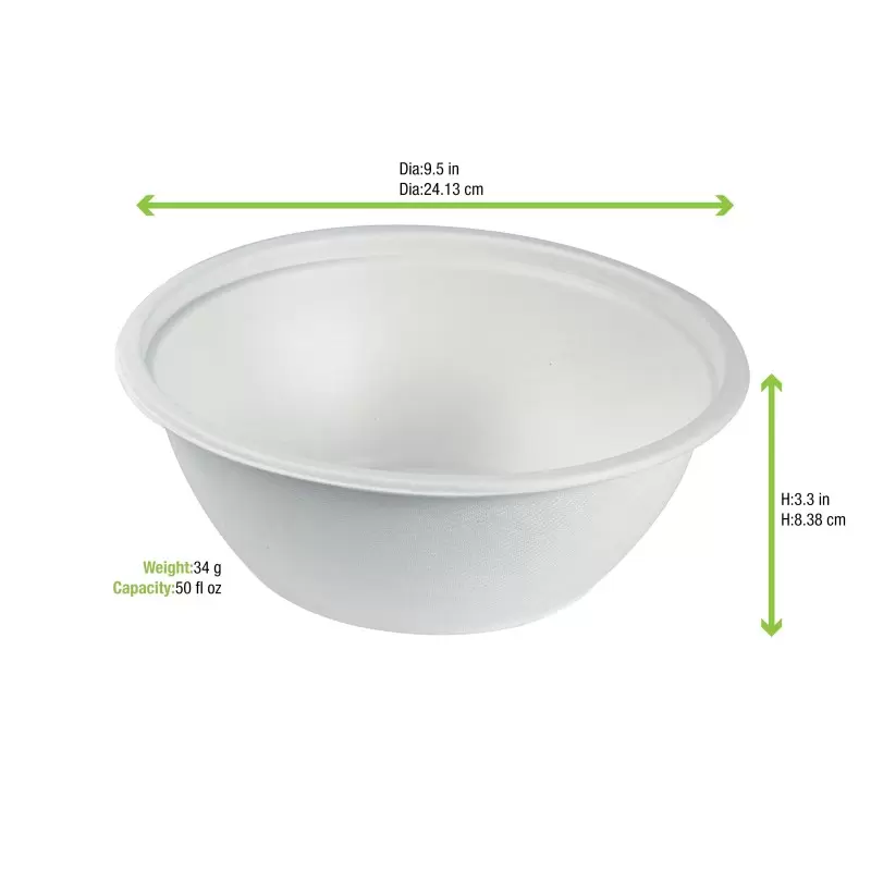 PacknWood White Sugarcane Salad Bowl - 50oz 8.66'' H:3.75'' - 250 pcs PacknWood White Sugarcane Salad Bowl - 50oz 8.66'' H:3.75'' - 250 pcs