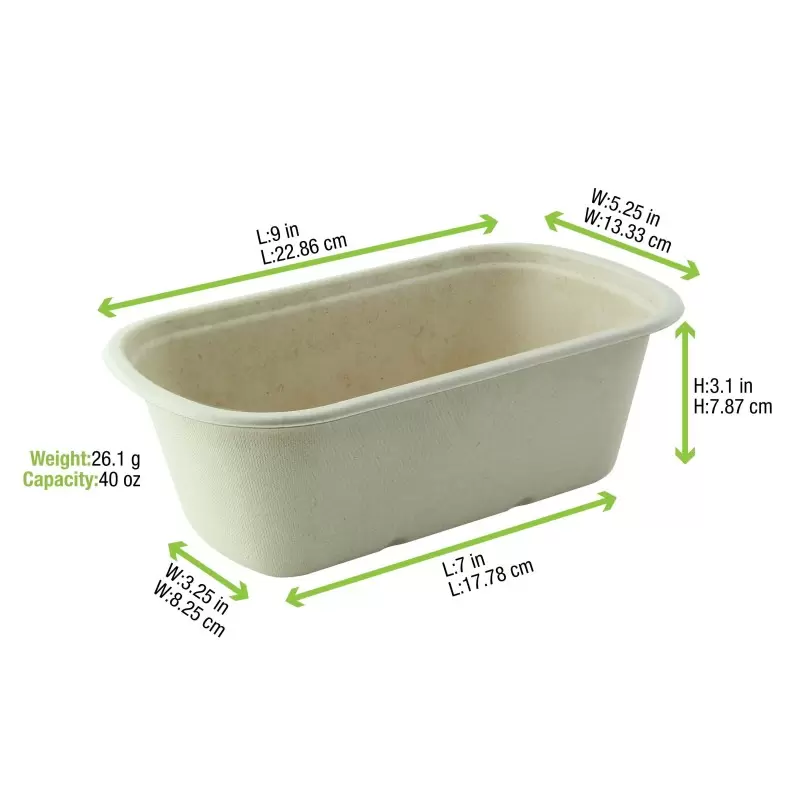 PacknWood Rectangular Brown Sugarcane Container - 40oz L:9'' W:5.3'' H:2.9'' - 250 pcs PacknWood Rectangular Brown Sugarcane Container - 40oz L:9'' W:5.3'' H:2.9'' - 250 pcs
