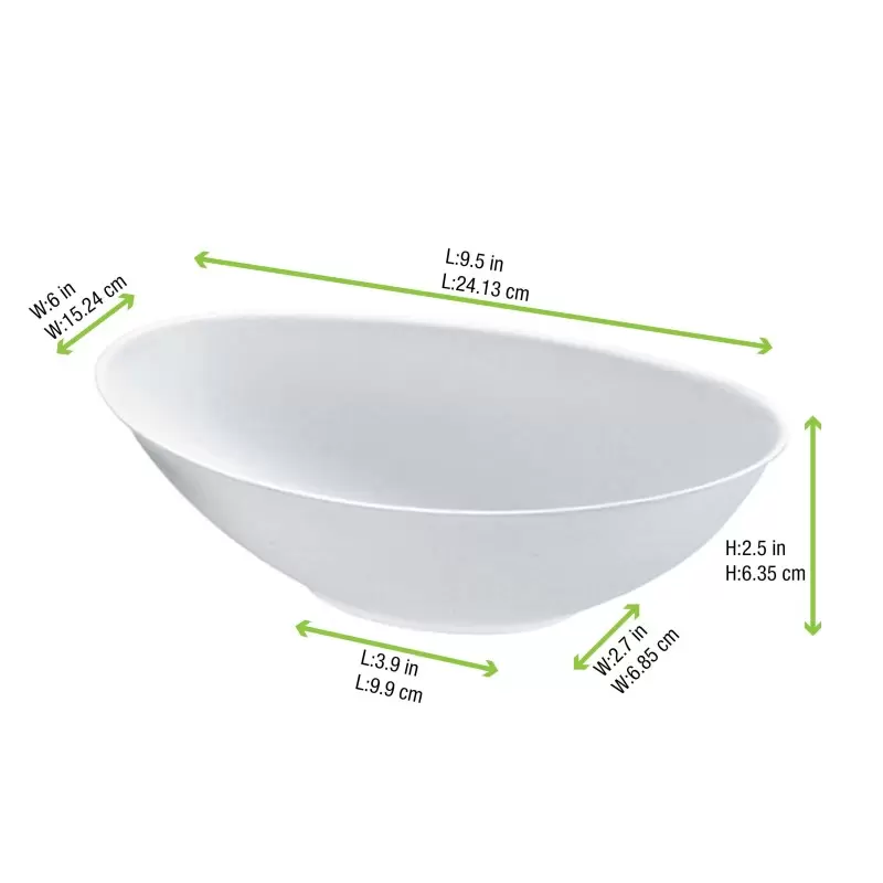 PacknWood Bio N Chic Oval White Sugarcane Bowl - 34oz 9.4 x 5.7'' - 250 pcs PacknWood Bio N Chic Oval White Sugarcane Bowl - 34oz 9.4 x 5.7'' - 250 pcs