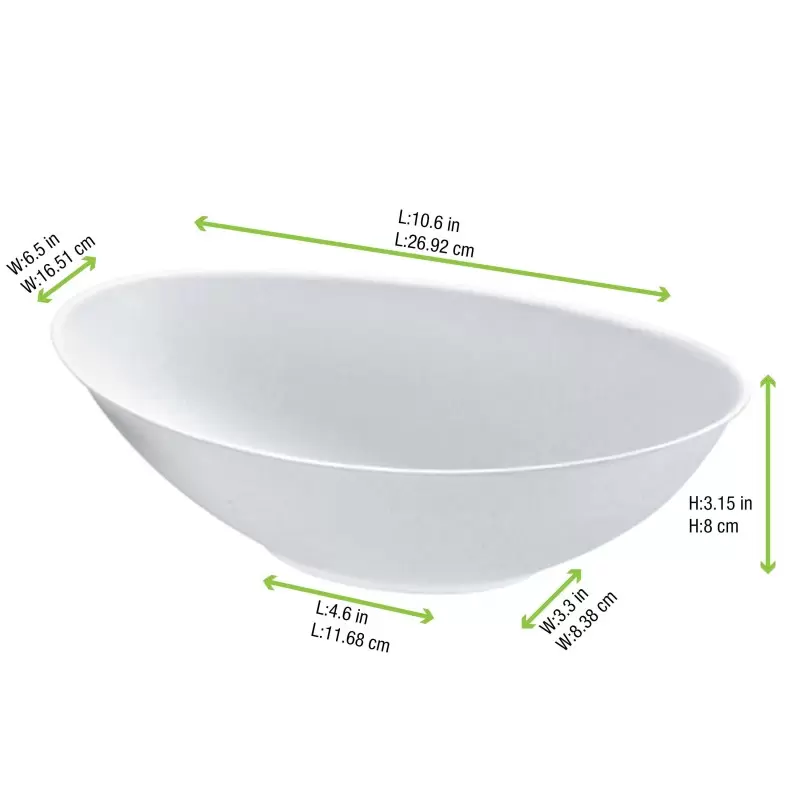 PacknWood Bio N Chic Oval White Sugarcane Bowl - 51oz 10.6 x 6.2'' - 100 pcs PacknWood Bio N Chic Oval White Sugarcane Bowl - 51oz 10.6 x 6.2'' - 100 pcs