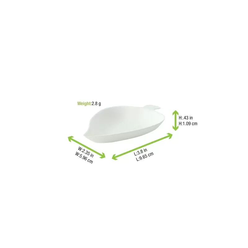 PacknWood Bio N Chic Leaf White Sugarcane Dish - 3.5 x 2.35 x 0.47'' - 300 pcs PacknWood Bio N Chic Leaf White Sugarcane Dish - 3.5 x 2.35 x 0.47'' - 300 pcs