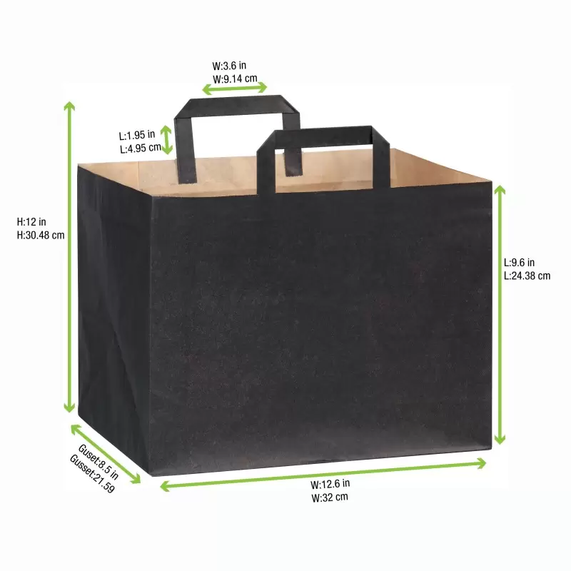 PacknWood Large & Wide Black Paper Bag With Handle - H:9.65'' Gusset:12.5 x 8.7'' - 250 pcs PacknWood Large & Wide Black Paper Bag With Handle - H:9.65'' Gusset:12.5 x 8.7'' - 250 pcs