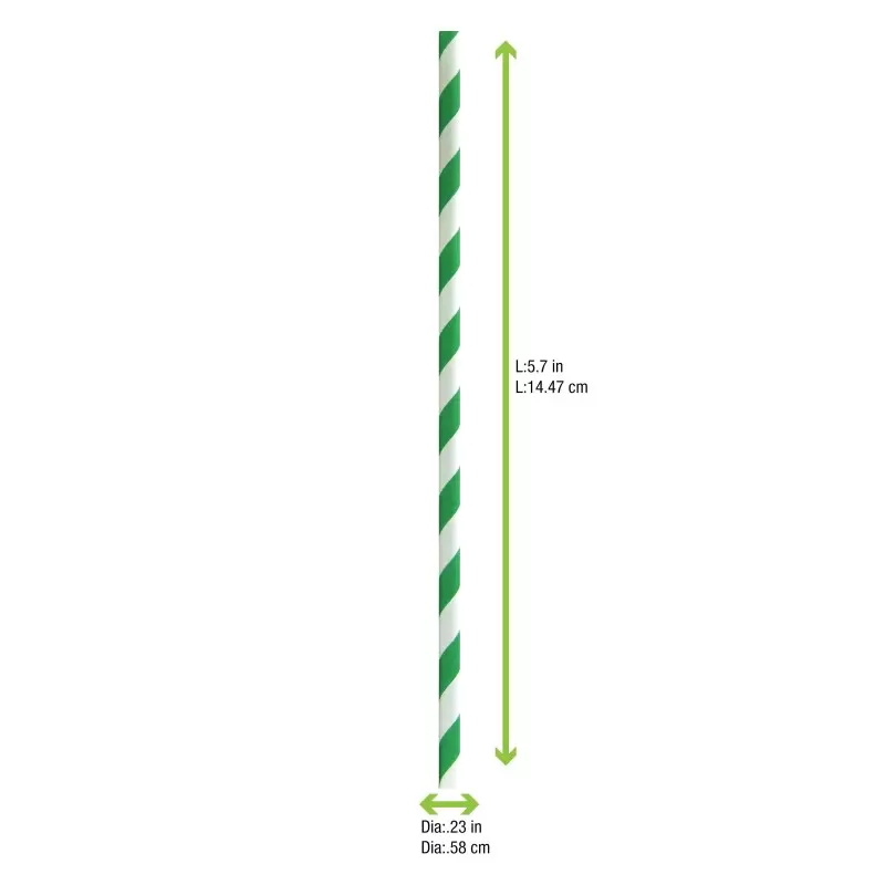 PacknWood Durable Green & White Striped Cocktail Paper Straws - Unwrapped - Diam.0.2'' H:5.7'' - 3000 pcs PacknWood Durable Green & White Striped Cocktail Paper Straws - Unwrapped - Diam.0.2'' H:5.7'' - 3000 pcs
