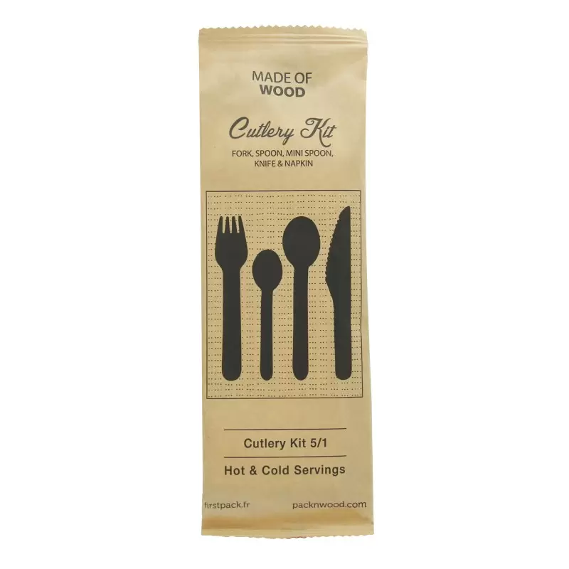 PacknWood Wooden Cutlery 5-1 Kit (Knife + Fork + Spoon + Mini Spoon + Napkin) - 6.2'' - 250 pcs PacknWood Wooden Cutlery 5-1 Kit (Knife + Fork + Spoon + Mini Spoon + Napkin) - 6.2'' - 250 pcs