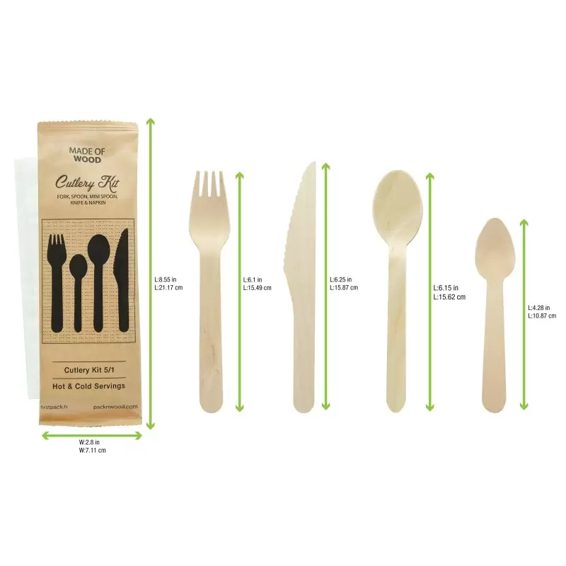 PacknWood Wooden Cutlery 5-1 Kit (Knife + Fork + Spoon + Mini Spoon + Napkin) - 6.2'' - 250 pcs PacknWood Wooden Cutlery 5-1 Kit (Knife + Fork + Spoon + Mini Spoon + Napkin) - 6.2'' - 250 pcs